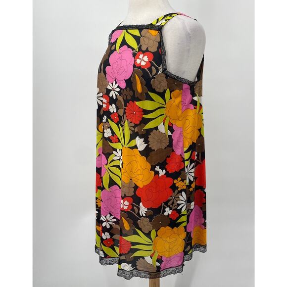 Vintage 60s Floral Slip Negligee Mini Dress Lace Trim Double Strap Womens M - Picture 4 of 7